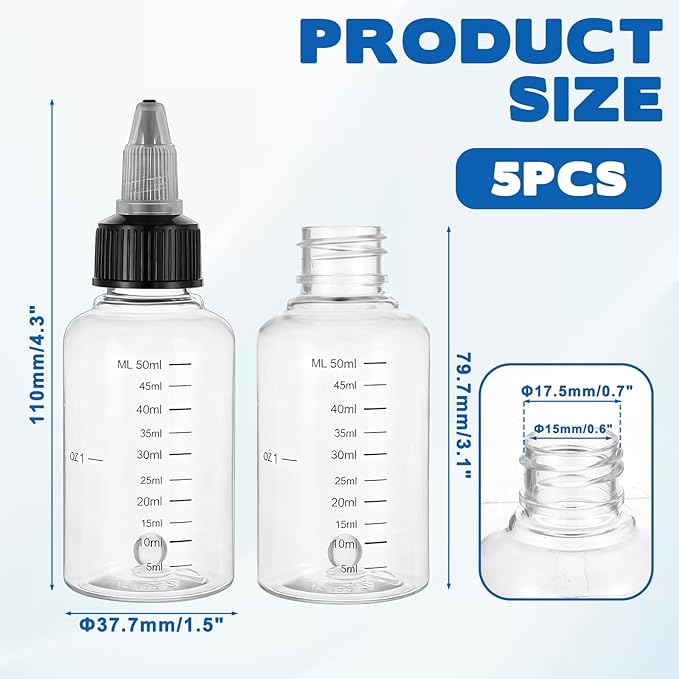 5PCS 2oz Plastic Dispensing Bottle, Empty Squirt Bottle, Squeeze Graduated Empty Bottles with Black Twist Cap for Liquids, Sauces, Arts, Crafts, Travel