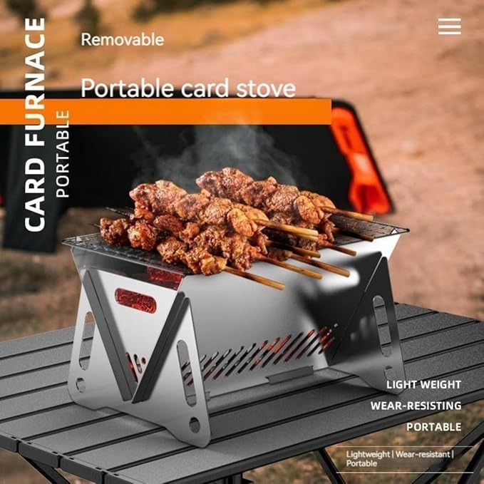 Portable Folding BBQ Grill for 1-2 People - Mini Charcoal Grill for Camping, Compact Stainless Steel Fire Pit with Carry Bag, Comes with 10 barbecue skewers and a silicone brush (8.2X5.5 IN)