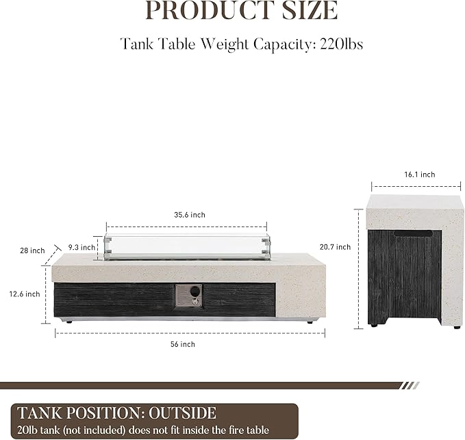 COSIEST 56" Outdoor Propane Fire Pit Table w Tank Cover & Wind Guard, Rectangle Gas Fire Pit Table with Concrete & Wood Grain Design, 50000BTU Fire Tables for Patio, Backyard, Garden