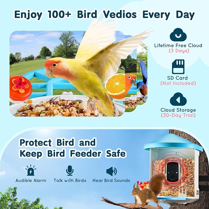 VEVOR Bird Feeder with Camera, Smart Bird House Camera Solar Powered, Wireless Vedio Birdhouse with AI Identify Resolution, 2K Full HD, Auto Detect & Notify, Ideal Present Choice for Bird Lover