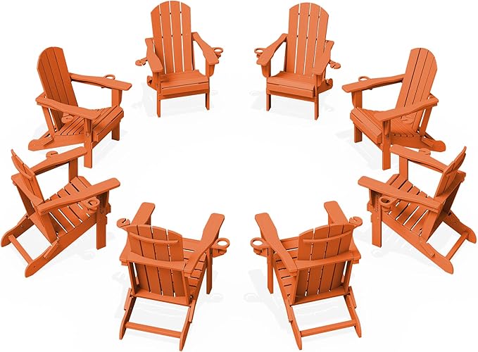 KINGYES Folding Adirondack Chair Set of 8, Dual Cup Holders & All-Weather HDPE, Wood-Like Patio Chair for Backyard, Camping, Pool & Fire Pit, Orange