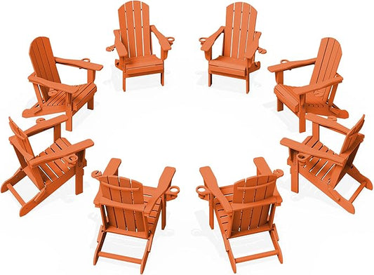 KINGYES Folding Adirondack Chair Set of 8, Dual Cup Holders & All-Weather HDPE, Wood-Like Patio Chair for Backyard, Camping, Pool & Fire Pit, Orange