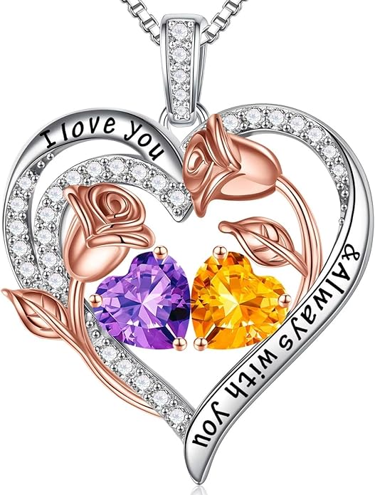 Iefil Christmas Gifts for Women Wife - 925 Sterling Silver Rose Heart Birthstone Necklace Birthday Anniversary Jewelry Gifts for Her Wife Mom Daughter