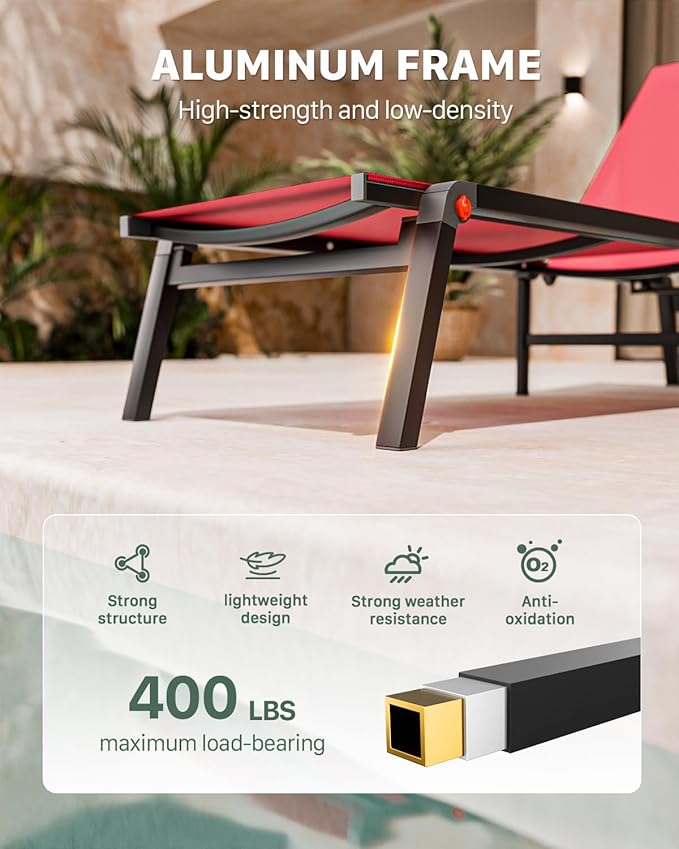 Aluminum Patio Chaise Lounge Chair Set of 2 with Side Table,5-Position Adjustable Backrest,Foldable Lounge Chair Outdoor,Pool Lounge Chairs for Poolside,Lawn,Deck,Beach (Red, 2 Pack+Table)