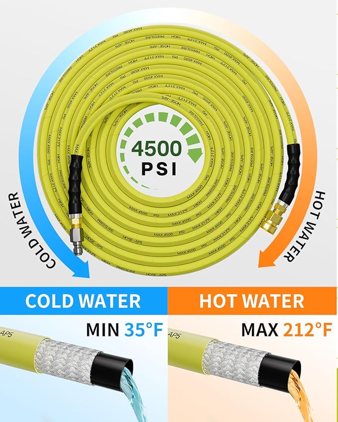 Pressure Washer Hose 100FT 3/8" for Cold and Hot Water 212°F, with Swivel Quick Connect, 4500PSI Kink Resistant Grade Steel Wire Braided, Power Washer Hose With 2pcs M22-14mm Adapter