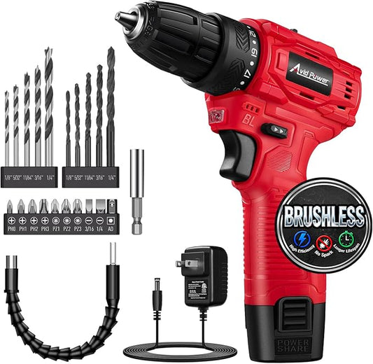 AVID POWER Brushless Power Drill Set, 2-Speed Control, 3/8-Inch Keyless Chuck & 25+1 Position, 12V Electric Drill Cordless Driver Kit with 2000mAh Battery, Charger and 22pcs Accessories