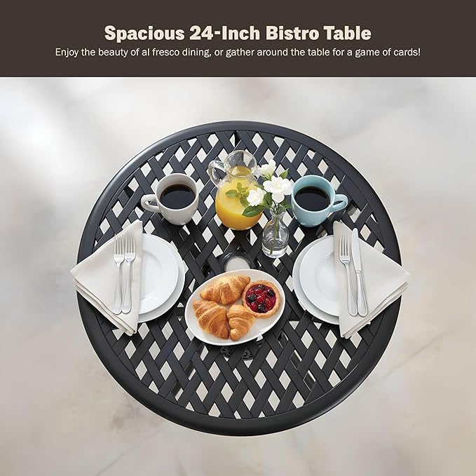3 Piece Patio Bistro Set, Cast Aluminum Dining Table Set, All Weather Outdoor Round Metal Table with Umbrella Hole and Chairs Set of 2 with Cushion for Outside Garden, Black
