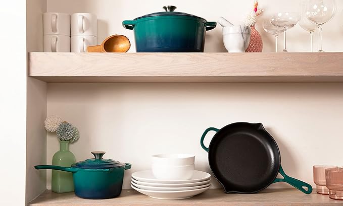 Larder & Vine 5-Piece Enameled Cast Iron Cookware Set - Includes 5.7 Quart Dutch Oven with Lid, 10.25 Inch Skillet, 2.2 Quart Saucepan with Lid (Bondi)