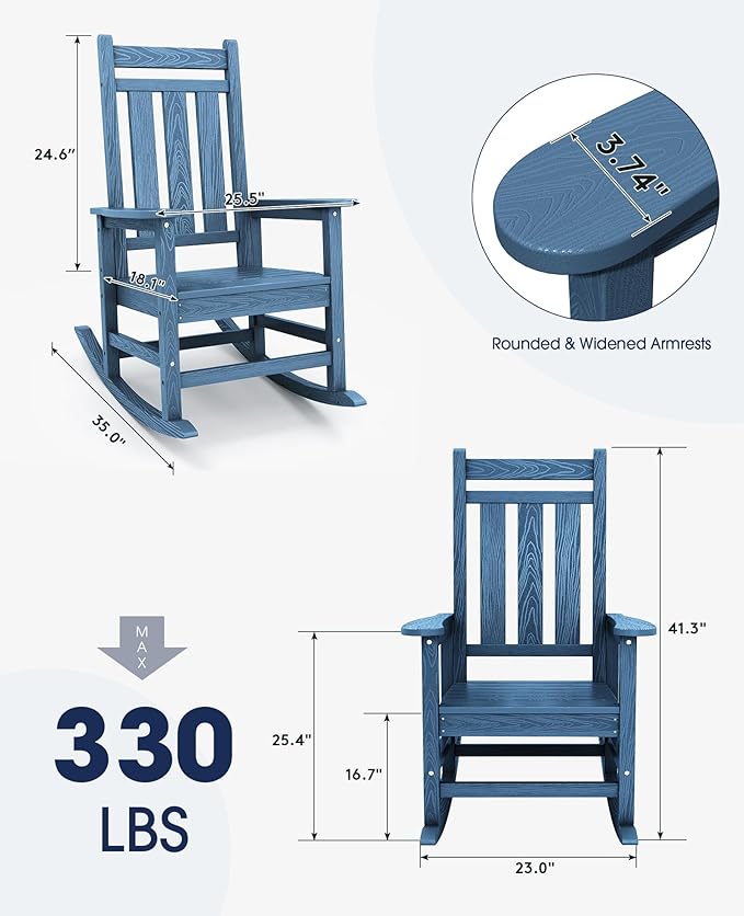 KINGYES Outdoor Rocking Chair Set of 4, All-Weather Patio Rocking Chairs for Porch, HDPE Rocking Outdoor Chairs with High Back for Adult, Heavy Duty Outdoor Patio Rockers for Garden, Lawn, Blue