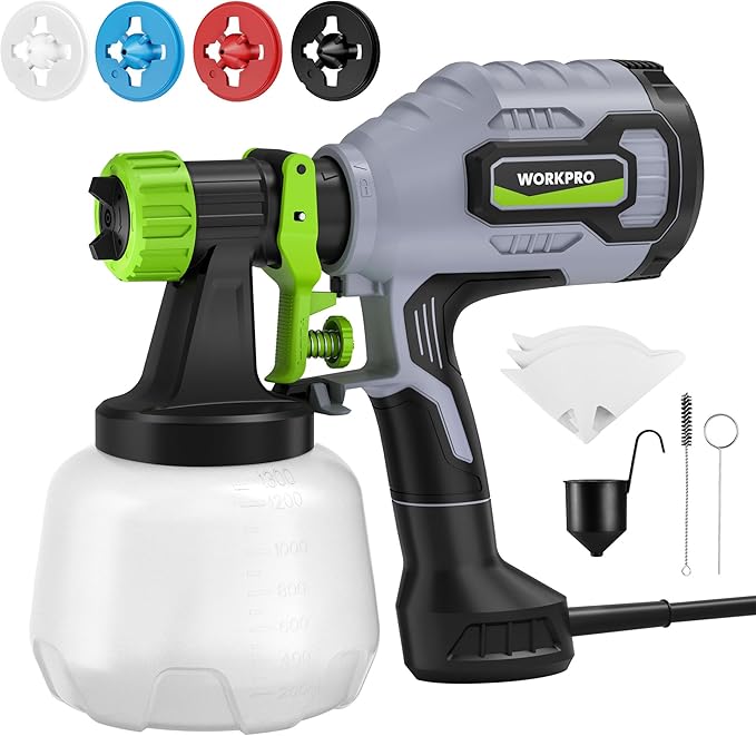 WORKPRO Paint Sprayer, 600W HVLP Spray Paint Gun with 4 Nozzles, 3 Spray Patterns & Adjustable Flow, 44 fl.oz (1300ml) Container, Paint Gun for Furniture, Cabinets, Fence, Walls, Doors, DIY Projects