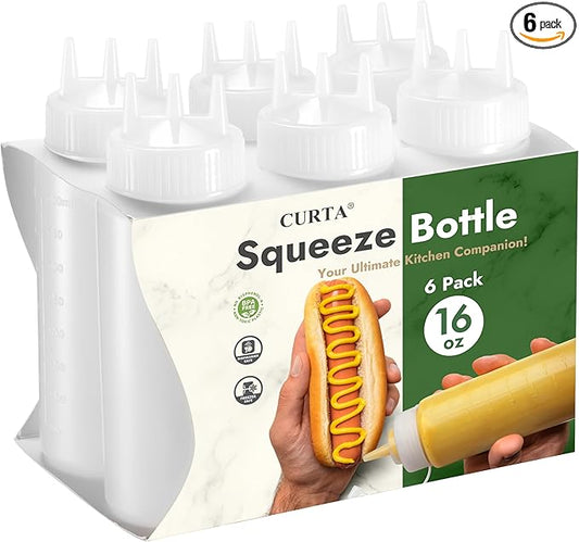 CURTA 6-Pack 16 oz Clear Squeeze Bottle with 3 Open Tips, BPA-Free Easy-to-Squeeze Plastic Condiment Dispenser with oz & ml Markings for Sauce, Oil, Dressing, Dishwasher Safe, White
