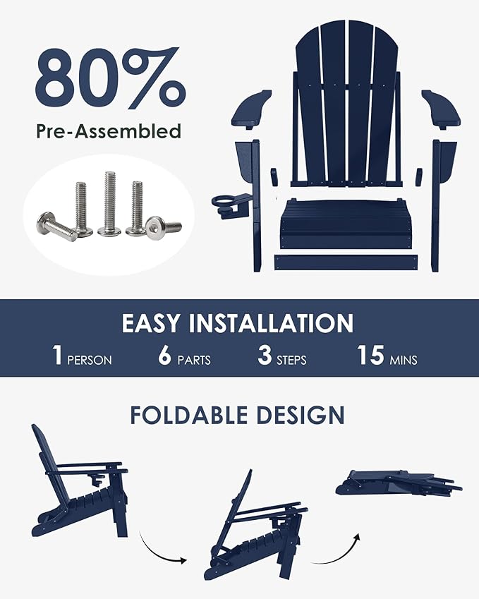 Folding Adirondack Chairs Set of 2, All-Weather Resistant HDPE Patio Firepit Chairs, Sturdy Outside Chairs with Cup Holder, Lawn Chairs, 80% Pre-Installed Load Capacity 385lb, Navy Blue