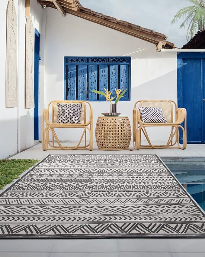 Outdoor Rug Carpet 6x9 ft, Flatweave Textured Outdoor Patio Rug Non Slip Indoor Outdoor Rugs with Rubber Particles Backing Boho Outdoor Area Rug for Patio Deck Front Porch Backyard Balcony