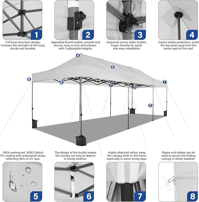 COBIZI 10x30 Pop up Canopy Heavy Duty with 8 Sidewalls, Easy Set-up Commercial Outdoor Party, 100% Waterproof Wedding Canopy Gazebo, 3 Height Adjustable with Wheeled Bag, White