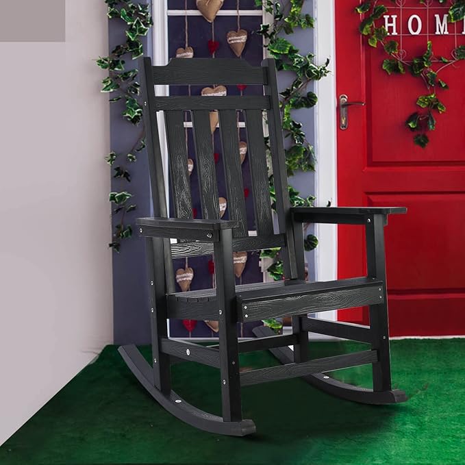 Rocking Chair, All Weather Resistant Poly Lumber Outdoor Porch Rocker, Rocking Chairs for Outdoor, Indoor, Patio, Deck, Garden, Backyard, Load Bearing 380 lbs - Black