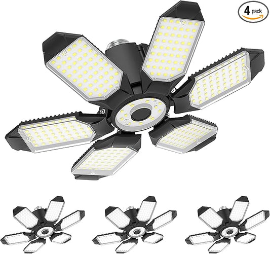 BRAINIAC 100W LED Garage Light Bulb, Deformable Garage Lighting Led with 6 Adjustable Panels, E26/E27 Screw-in Shop Lights for Basement Workshop Corridor Stadium - 4Pack