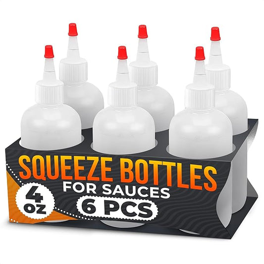 BURIUS 6-Pack 4oz Small Squeeze Bottles for Liquids – Clear Condiment Squeeze Bottles for Sauces, Ketchup, Mustard, Oil, Syrups, and Dressings with Measuring Scale – Easy-to-Use & Leak-Proof