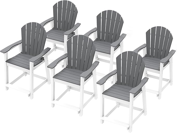 OTSUN Outdoor Tall Adirondack Chairs Set of 6, Patio Bar Stool Chair with High Back, 400lbs, Widened Arms, All-Weather Balcony Chair for Backyard, Garden, Yard (6PCS, White & Grey)