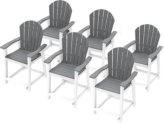 OTSUN Outdoor Tall Adirondack Chairs Set of 6, Patio Bar Stool Chair with High Back, 400lbs, Widened Arms, All-Weather Balcony Chair for Backyard, Garden, Yard (6PCS, White & Grey)