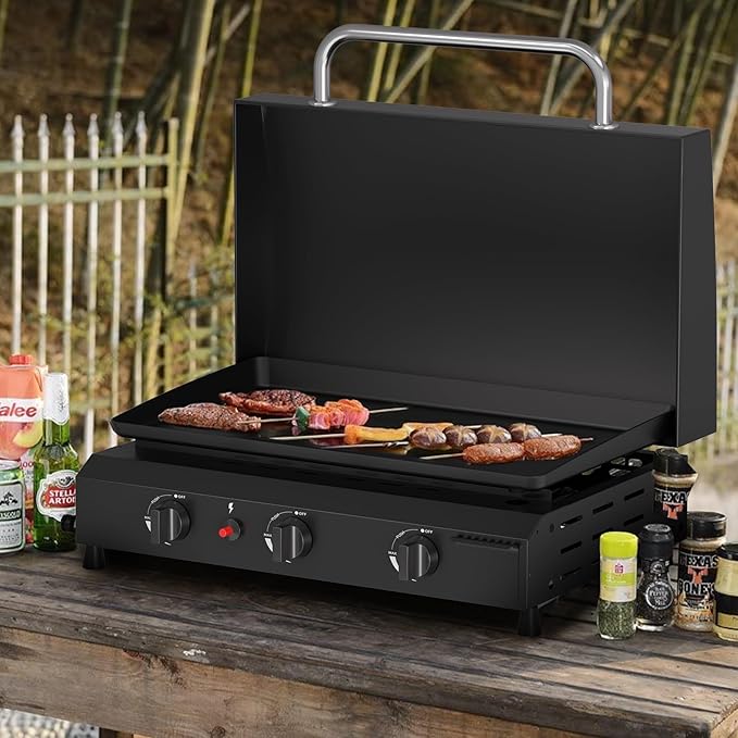 SKOK 3 Burner Gas Griddle with Hood- 23.3 Inch Outdoor Propane Griddle-45000 BTU Propane Fuelled, Portable Flat Top Gas Grill Camping Griddle with Lid for Kitchen, Outdoor BBQ, Camping