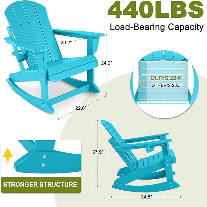 Outdoor Rocking Chair Set of 2, HDPE Poly All-Weather Patio Rocking Chairs with Cup Holder for Adults, Porch Rocker for Deck Patio Balcony, 440lbs, Turquoise