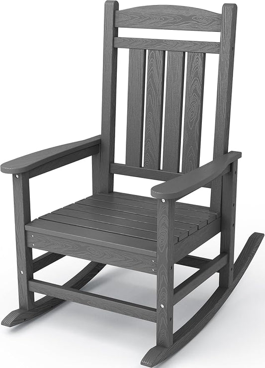 KINGYES Outdoor Rocking Chairs, HDPE All-Weather Patio Rocking Chairs High Back Porch Rocker for Adult, Gray