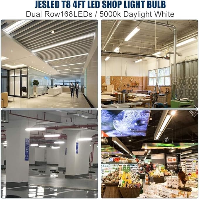 JESLED T8 4FT LED Type A+B Light Bulbs, 24W 3000LM 5000K Daylight White, Plug and Play or Ballast Bypass, 4 Foot Flourescent Tube Replacement, ETL Listed, Dual-end, Clear, Warehouse Lights 4Pack