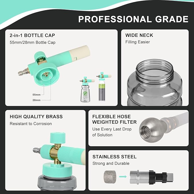Foam Cannon with Foam Economizer for Pressure Washer, Soap Cannon with 1/4" Quick Connect & Adjustable Nozzle for Car Wash, Universal Fit for Most Liquid Bottles, Additional 1.1 mm Orifice Nozzle