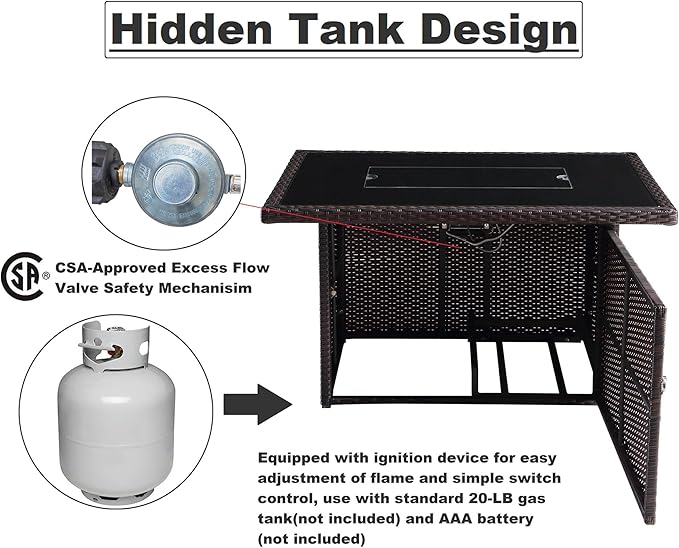 44 in. x 32 in. Rectangular Outdoor Brown Wicker Aluminum Propane Fire Pit Table in Tempered Glass w/Fire Glass, Add Warmth and Ambience to Gatherings and Parties On Patio Deck Garden