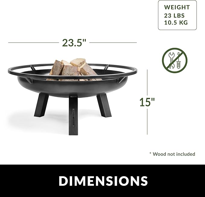 Ember 24" Handcrafted Cooking Fire Pit with Grill Plate Attachment and Cover Lid Attachment for Wood Burning for Backyard Grilling Campfire for Camping, Outdoor Steel Firepit, by Good Directions
