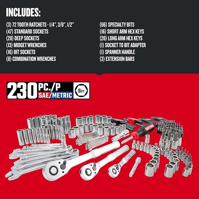CRAFTSMAN Mechanics Tool Set, 230-Piece Hand Tool and Socket Set with 3-Drawer Tool Box (CMMT45305)