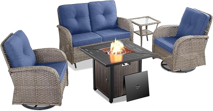 Belord 5 Piece Outdoor Patio Furniture Set with 50000 BTU Propane Fire Pit Table, Deep Seating Wicker Swivel Rocker Chairs and Loveseat Glider Patio Conversation Set for Deck Poolside Backyard