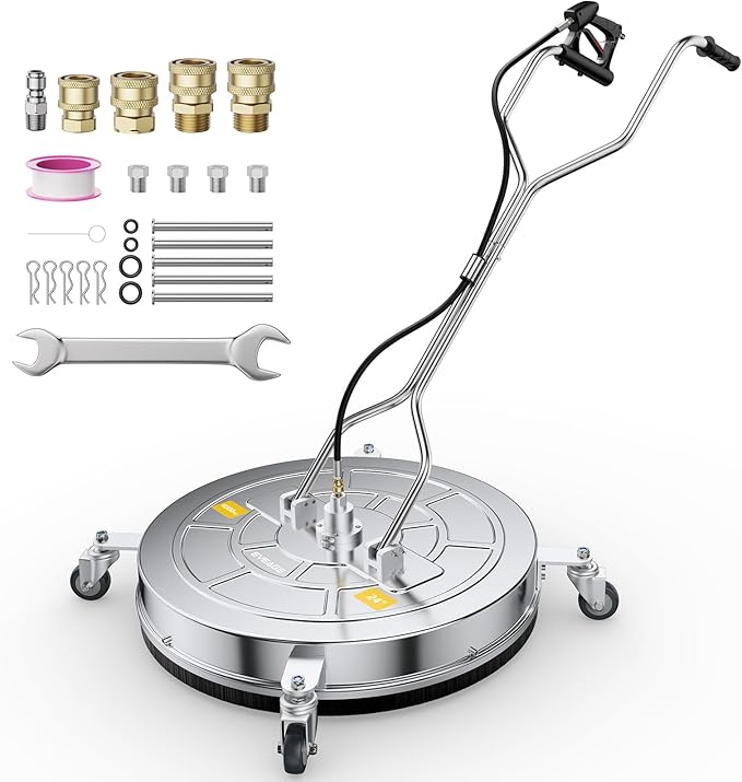 EVEAGE 24” Surface Cleaner Pressure Surface Washer Dual Handle, Stainless Steel Housing Power Washer Accessories with 2 Extension Wand & 4 Wheels and 2 Replacement Nozzles,4000 PSI