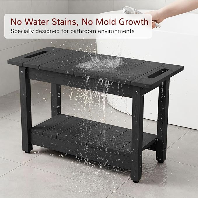 Stoog 24" Shower Bench, Waterproof Shower Stool for Shaving Legs, Adjustable and Non-Slip Feet, Shower Chair for Inside Shower, Black