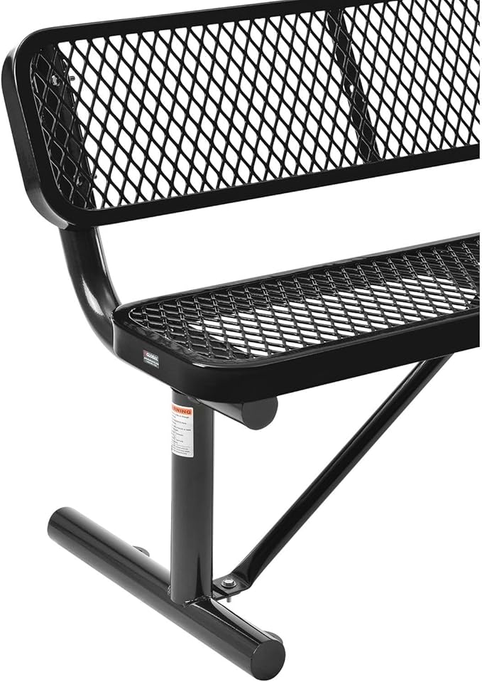 Global Industrial 4'L Heavy Duty Expanded Metal Mesh Bench with Backrest with Steel Frame, Portable Outdoor Bench, 1000 lbs Capacity, Black, 48" L x 24" W x 33" H