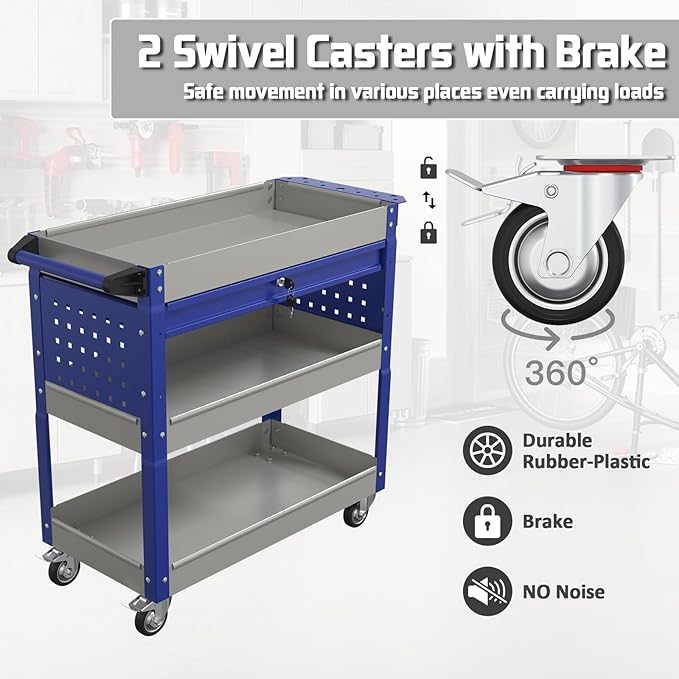 3 Tray Rolling Tool Cart, 400 LBS Capacity Mechanic Tool Carts on Wheels, Heavy Duty Utility Cart with Drawers, Metal Work Cart for Garage, Warehouse and Repair Shop, GrayBlue