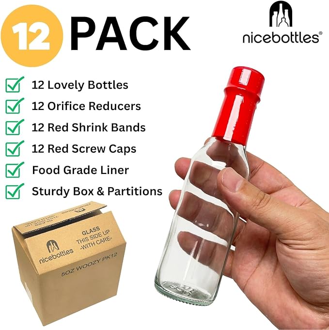 nicebottles Hot Sauce Bottles with Red Caps & Shrink Bands, 5 Oz - 12 Pack