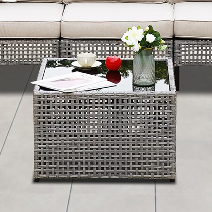 Outdoor PE Wicker Patio Coffee Table with Tempered Glass Top, Square Rattan Side Table for Modular Sectional Sofa, All-Weather Gray Table for Deck, Garden, Balcony