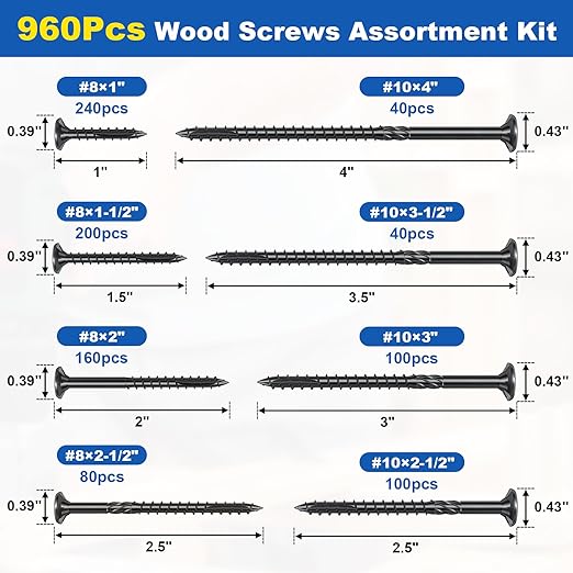 960Pcs Deck Screws, #8#10 Wood Screws Assortment Kit, 8Sizes Assorted Screw Set, Rust Resistant Torx Screws with Flat Head, Black Screw Kit for Woodworking Projects, Star Bit Included
