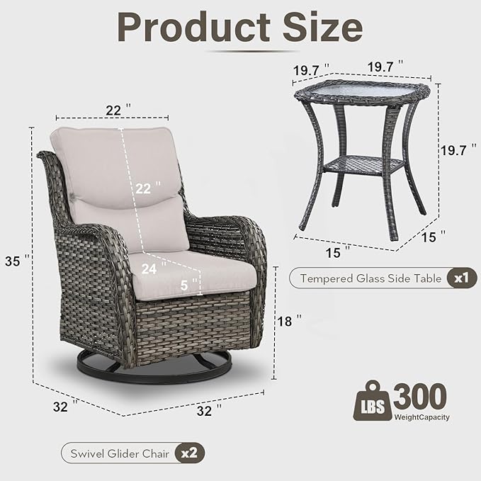 Outdoor Swivel Rocker Patio Chairs with 5" Thick Cushion - 3 Piece Wicker Bistro Set with Side Table, High Back Comfty Outdoor Glider Chairs for Balcony, Porch, Deck, Poolside - Gray/Beige