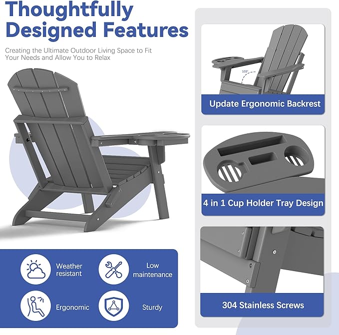 FOOWIN Folding Adjustable Adirondack Chair Set of 8,HDPE Adirondack Chair w/4 in 1 Cup Holder Trays,All-Weather Resistant Fire Pit Chair, Outdoor Chair for Patio Lawn Poolside,400lbs,Dark Grey
