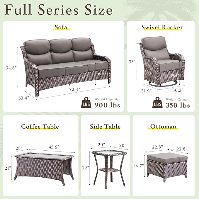 Luxury High Back Outdoor Furniture with 6-inch Extra Thick Cushions, Patio Furniture Set with Swivel Chairs, 8 PCS Wicker Conversation Set for Yard, Deck, Poolside, Brown/Grey