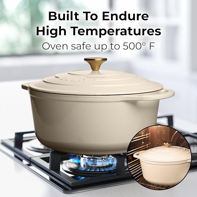 Zulay Kitchen 6 Quart Enameled Cast Iron Dutch Oven Pot with Lid – Premium Durability & Oven Safe up to 500°F – Heavy Duty Cookware Perfect for Bread Baking, Stews, Braising & Roasting – Ivory