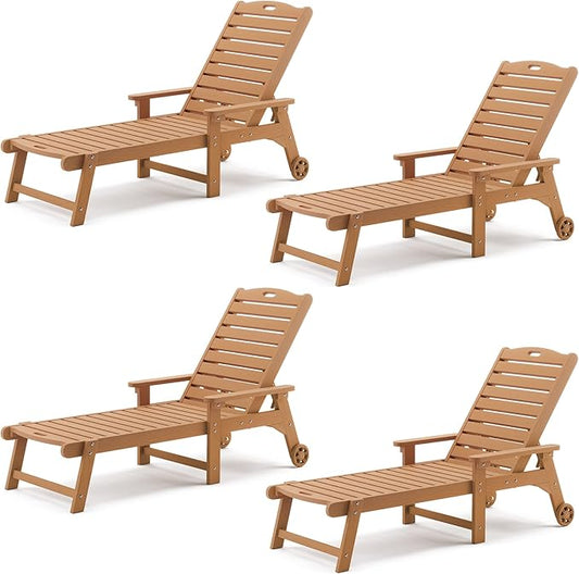 LUE BONA Outdoor Chaise Lounge Chairs Set of 4, HDPS Chaise Lounger, 5 Positions Adjustable Lounge Chairs, Pool Lounge Chair with Wheels for Poolside, 3 Year Warranty, Teak Color