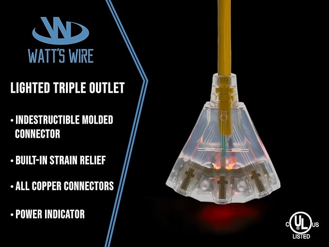 25 ft Outdoor Extension Cord Waterproof - 12 Gauge Heavy Duty Extension Cord Splitter - Lighted Outdoor Extension Cords with Multiple Outlets - Watts Wire - 25' Grounded - extensiones electricas