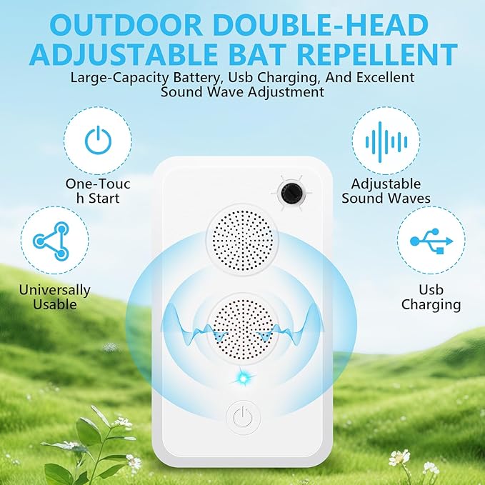 2025 Ultrasonic Bat Repellent - Keep Bats Away from Attic, Metessi Porch & House | Rechargeable Bat Deterrent for Indoor & Outdoor Use | Safe for Humans and Pets