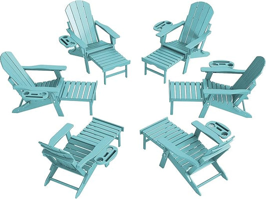 FOOWIN Adirondack Chair with Retractable Ottoman,HDPE Folding Adjustable Adirondack Chair w/4 in 1 Cup Holder Trays,All-Weather Resistant Fire Pit Chair for Outdoor Patio Lawn Set of 6