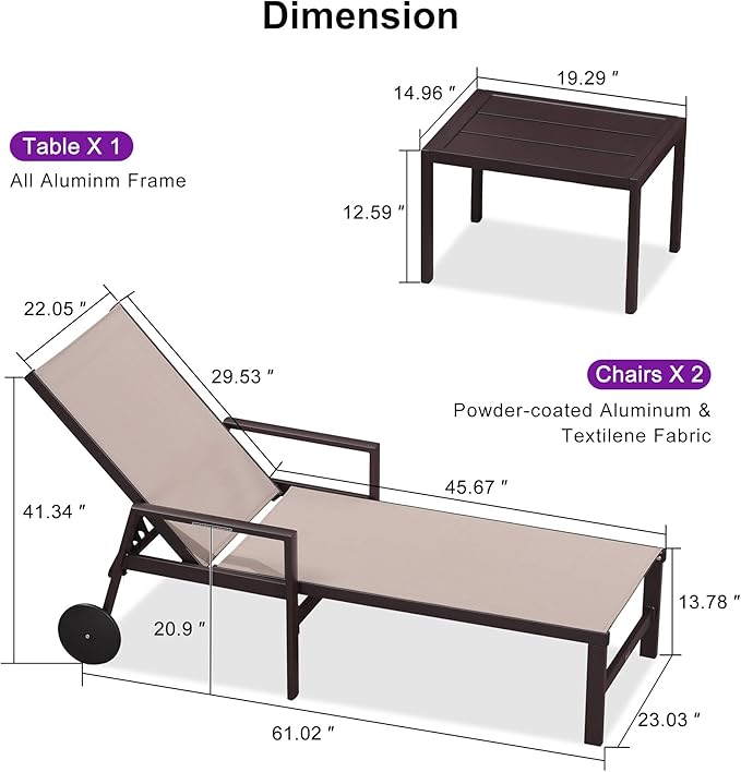 PURPLE LEAF Pool Lounge Chairs Set of 3 Aluminum Outdoor Lounge Chairs with Wheels and Armrests Adjustable Patio for Deck Outside Lawn Garden, Sand Beige