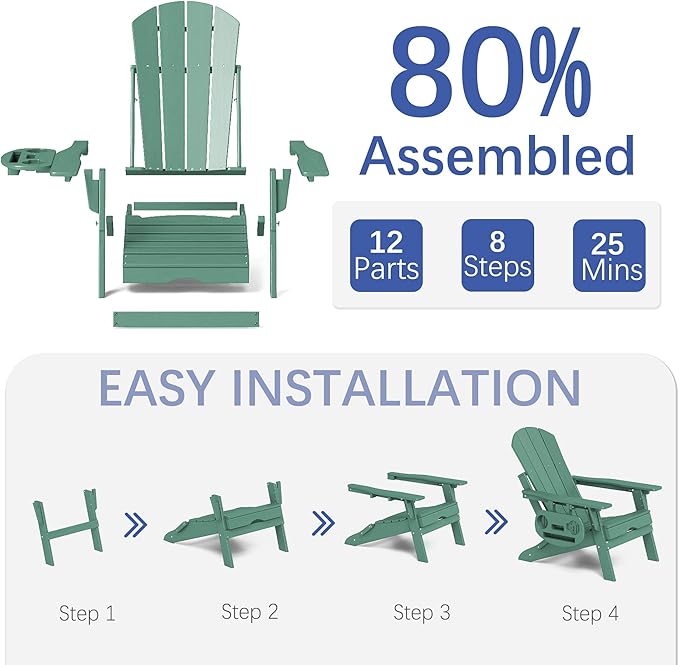 FOOWIN Adirondack Chair with Retractable Ottoman,HDPE Folding Adjustable Adirondack Chair w/4 in 1 Cup Holder Trays,All-Weather Resistant Fire Pit Chair for Outdoor Patio Lawn Set of 8