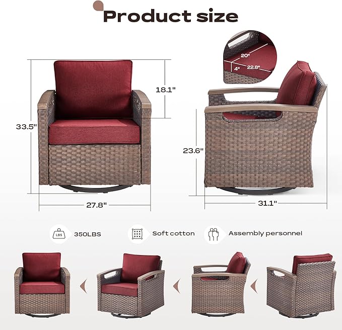 Rilyson Outdoor Patio Swivel Rocking Chairs Set of 2, All Weather Wicker, Metal Armrest, Deep Seating, Thick Comfortable Cushions, Ideal for Deck Porch Backyard, Brown/Red
